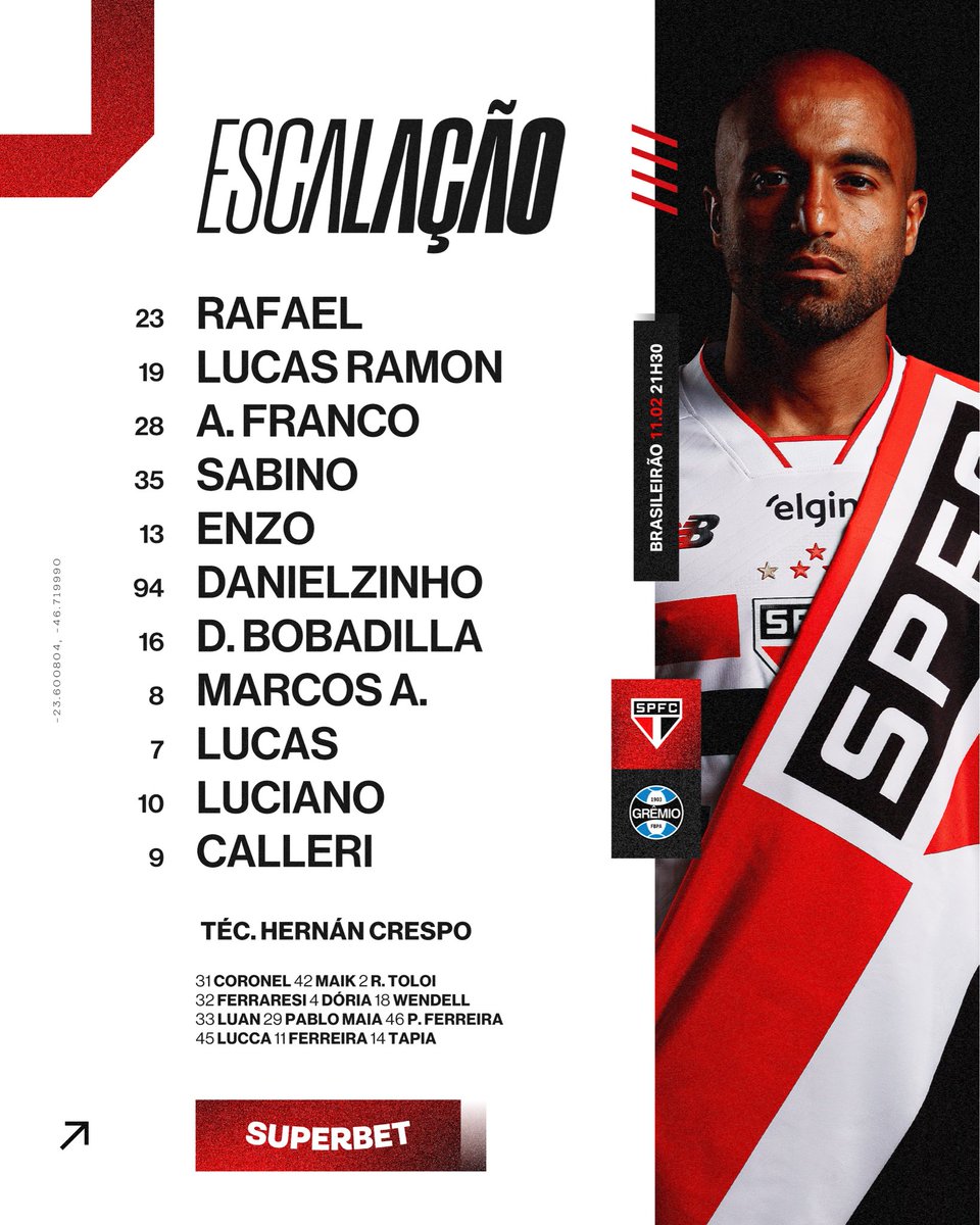SaoPauloFC's tweet image. 🇾🇪 O Tricolor está escalado!

E atendendo a pedidos, agora na ordem da formação 😉

⚽️ São Paulo x Grêmio 
🏟️ MorumBIS 
⏰ 21h30 
🏆 Brasileirão (3ª rodada) 

📺 Globo, Premiere e GE TV 
🎙️ SPFC Play

#VamosSãoPaulo 🇾🇪