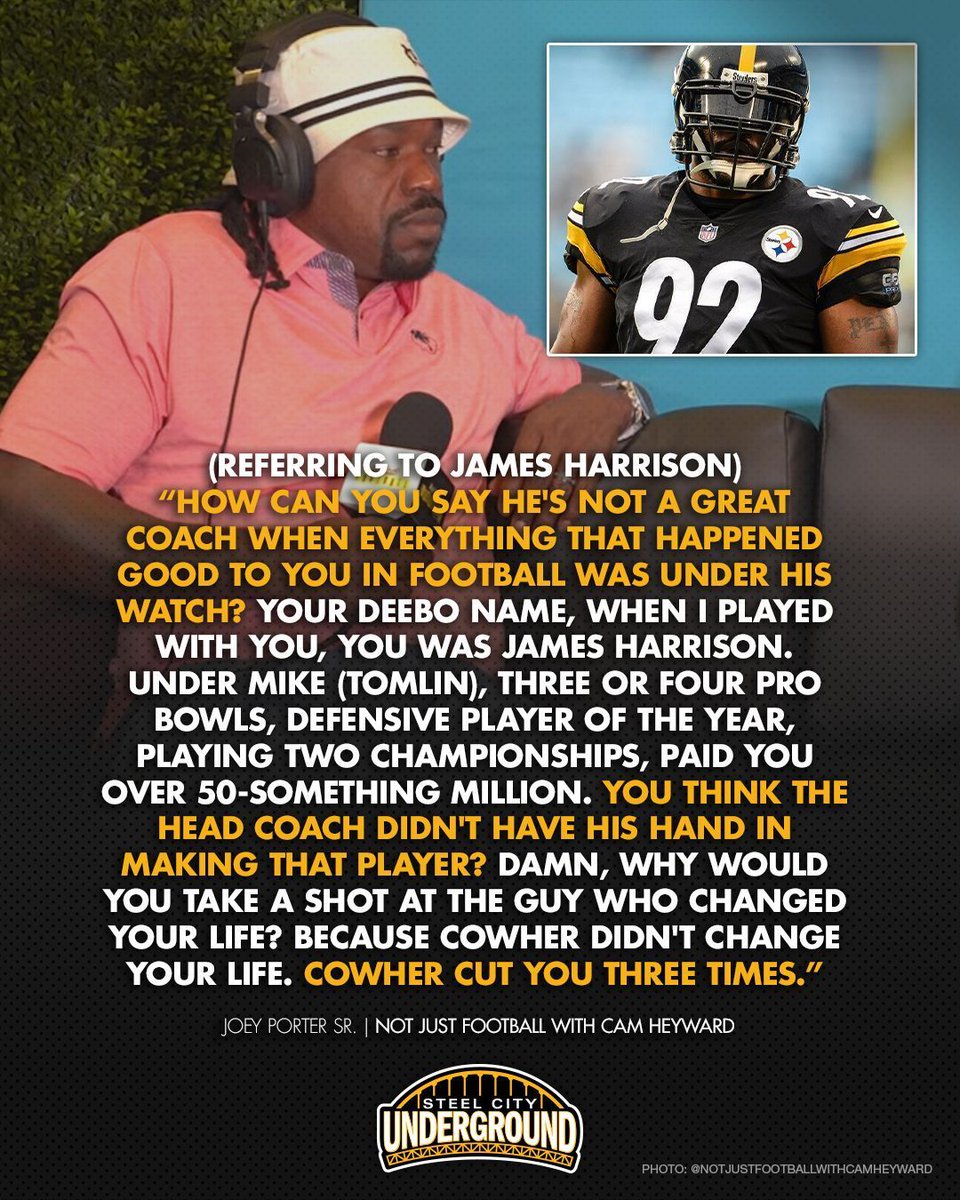 Joey Porter Sr. kept it real on Cam Heyward’s Not Just Football podcast, breaking down why the shots some former players take at Mike Tomlin will never sit right with him.
