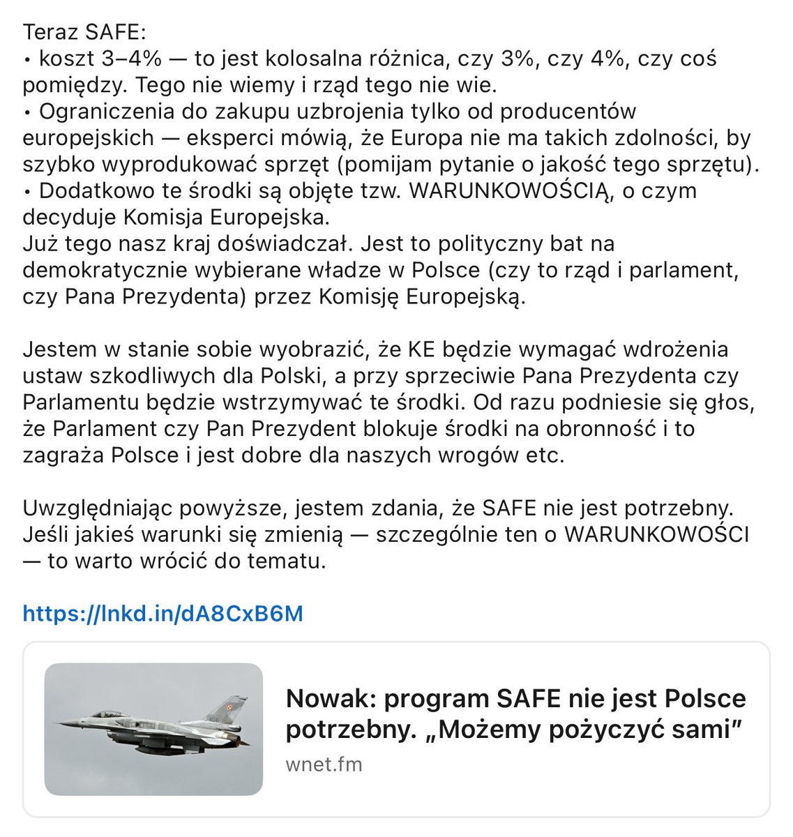 Naprawdę warto słuchać ekspertów. W sprawie SAFE polecam komentarz <a href="/PiotrNowak_PL/">Piotr Nowak</a> – jednego z najlepszych w Polsce specjalistów w zakresie zarządzania długiem. Przez pół dekady zajmował się tym w rządzie, odnosząc znaczące sukcesy.