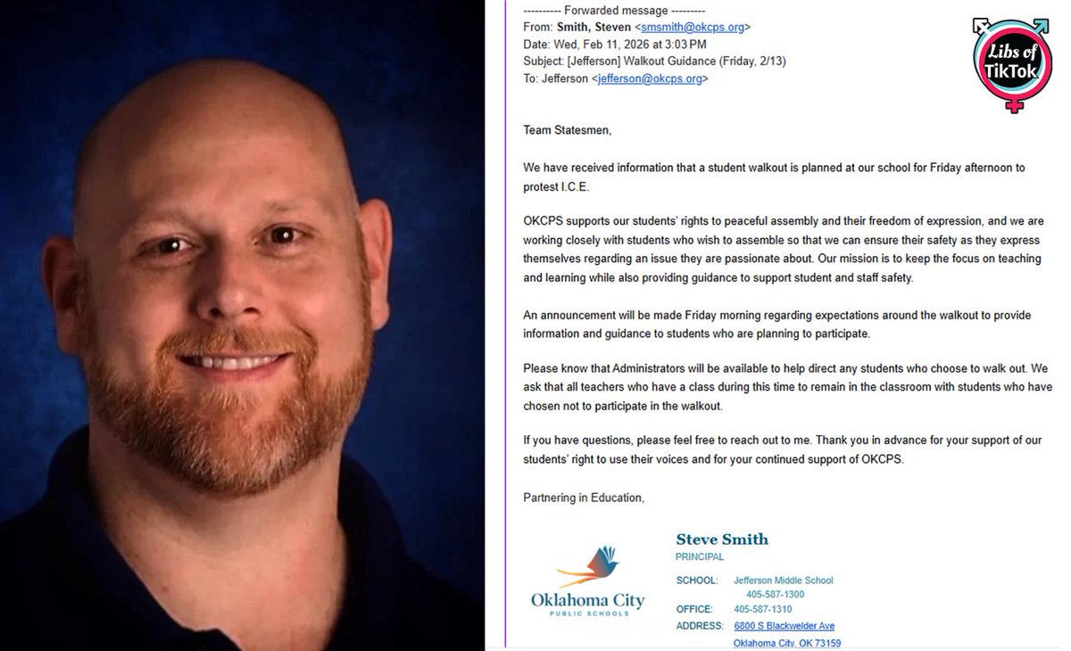 libsoftiktok's tweet image. INBOX: Steve Smith, the principal of Jefferson Middle School (@OKCPS), confirms in an email that there will be a planned anti-ICE student walkout occurring at his school on Friday, and that school staff will be offering GUIDANCE and DIRECTING the student protestors.

Your tax…