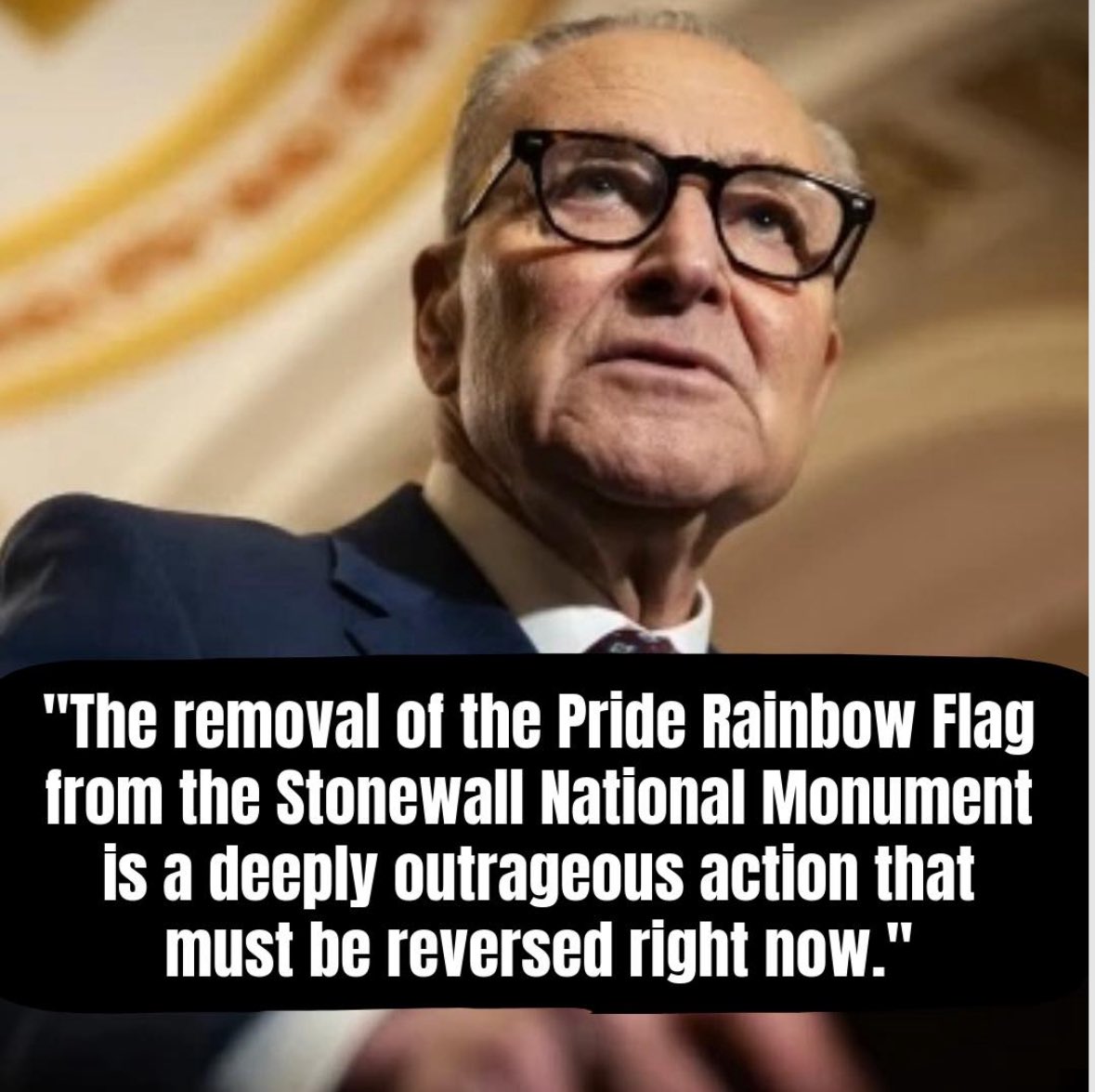Chuck Schumer DEMANDS that Trump return the pride flag to the Stonewall National Monument immediately

What should Trump’s response be ??