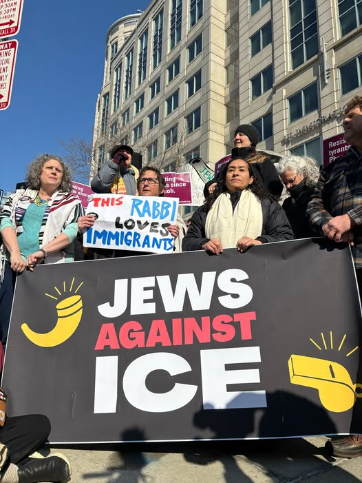 Lilygf's tweet photo. HAPPENING NOW: A massive crowd of hundreds of rabbis, cantors, and other Jews have gathered outside ICE headquarters in DC for the largest ever Jewish protest against ICE’s violence and crimes. #jewsagainstICE https://t.co/RvE9eaaTjH