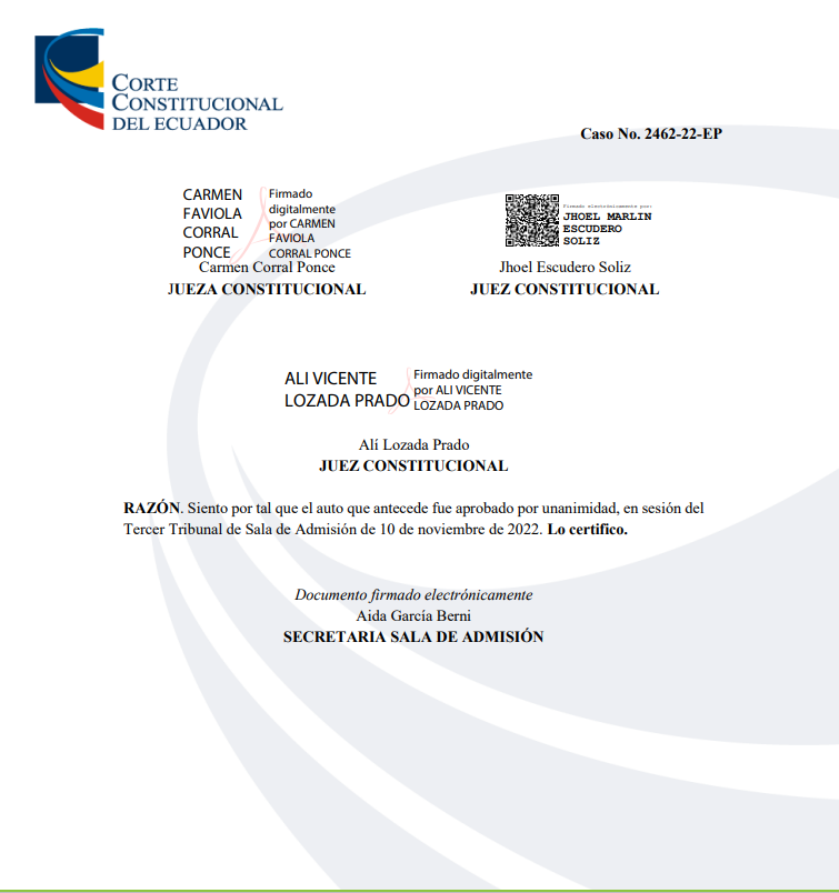 Desde Loja

Caso Safety de las FOTOMULTAS

La <a href="/CorteConstEcu/">Corte Constitucional</a> inadmite la solicitud de la exalcaldesa Patricia Picoita y el procurador Luis Tapia por fuera de tiempo pero sí acepta la de la <a href="/PGEcuador/">Procuraduría Ecuador</a> 
 
1. El 26 de agosto de 2022, Juan Enmanuel Izquierdo Intriago, en su calidad