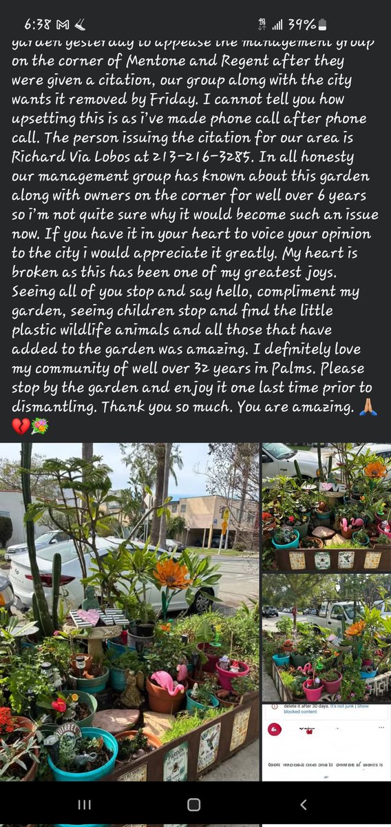 EmRoseLA's tweet photo. @KTLA the Palms community needs your help! A beloved garden is being asked to be dismantled on Friday. Sharing the post from the owner. In a world where the city should focus on big issues, something small that brings joy is a problem? Help us save this! https://t.co/dyOdPEsiC7