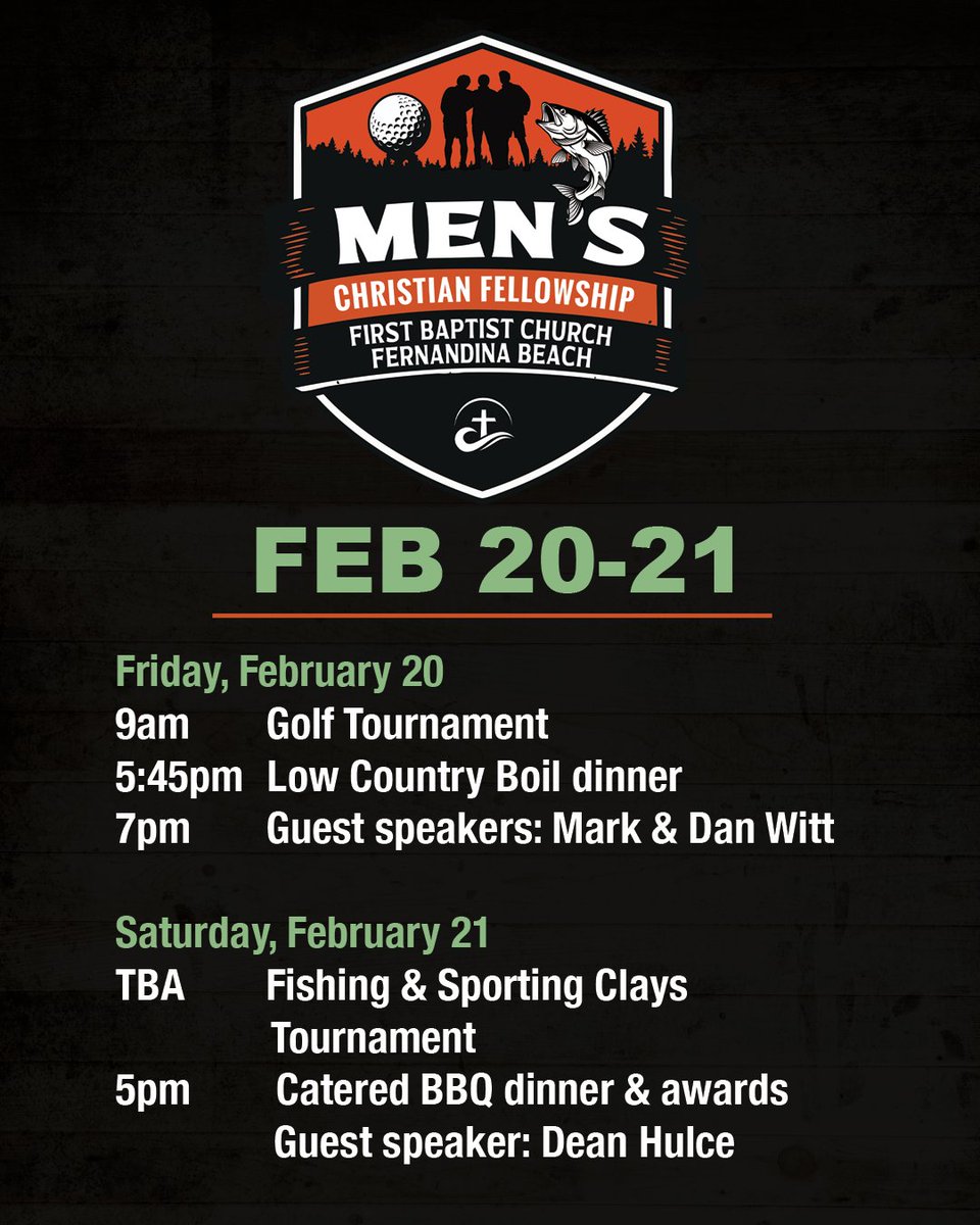 FBFernandina's tweet image. One Week Away!
1st Annual Men’s Christian Fellowship
📅 February 20–21

Whether you’re in it to win it or just to build friendships, this is a great opportunity to connect with other men &amp;amp; grow together.

Register today, fbfirst.com

#FBFirst #mensfellowship