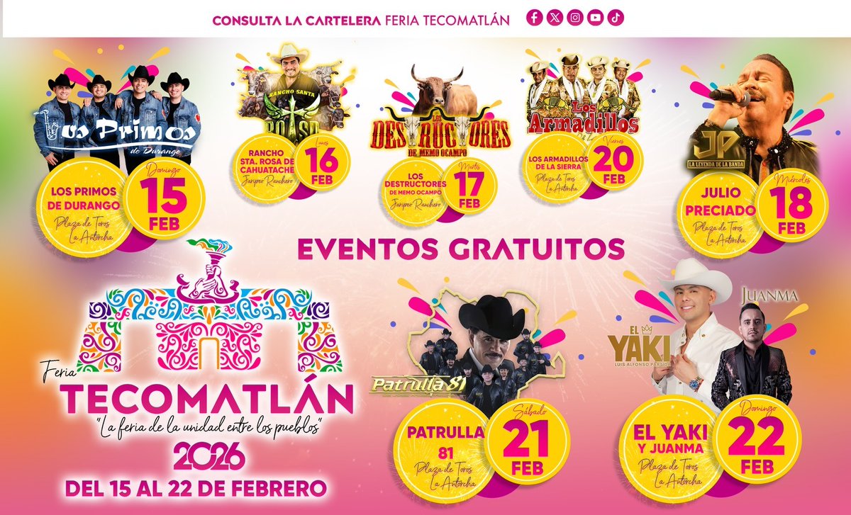 Del 15 al 22 de febrero, Tecomatlán será el corazón de la unidad y la celebración.
#VamosATecomatlán más de 130 mil asistentes disfrutarán actividades gratuitas para toda la familia.