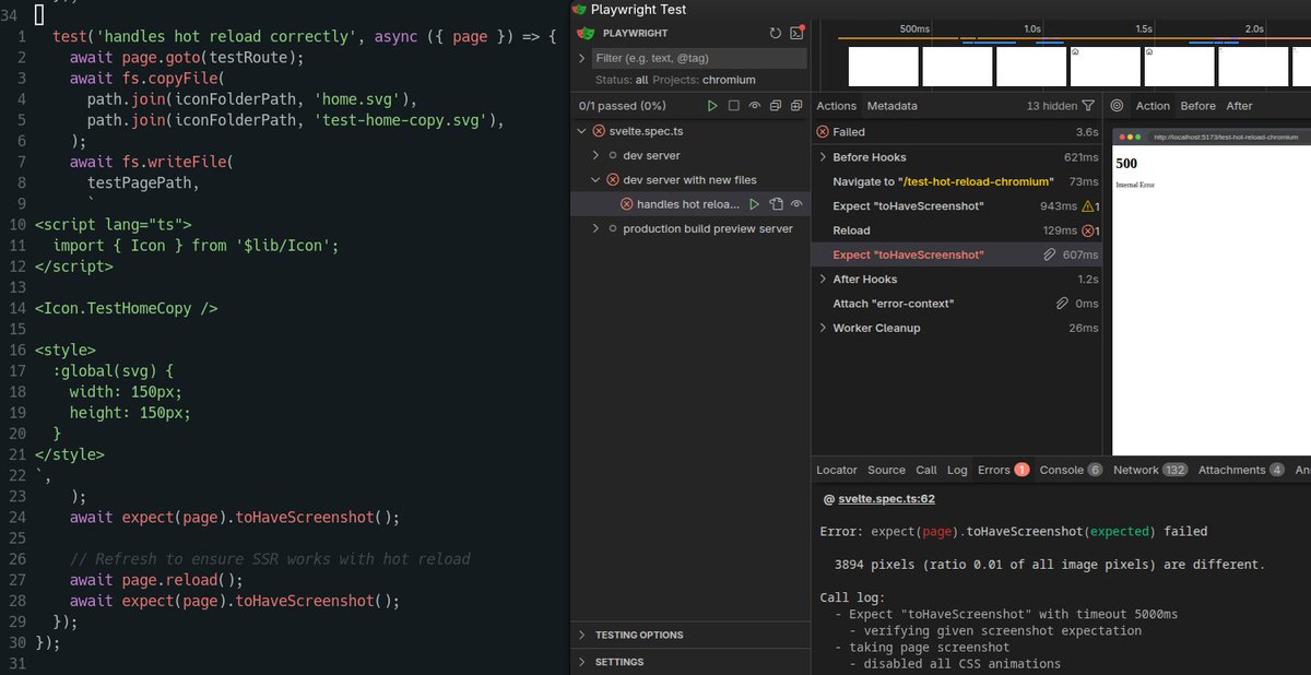 raycnwong's tweet photo. Just wrote tests for svg-ts. It was my first time setting up visual regression manually. One “wild” test even does `fs.writeFile` during the run to observe HMR. If I comment out my HMR handling logic, it hot reloads into a 500 error page and the snapshots fail. It's satisfying. https://t.co/rsgmKUF7jX