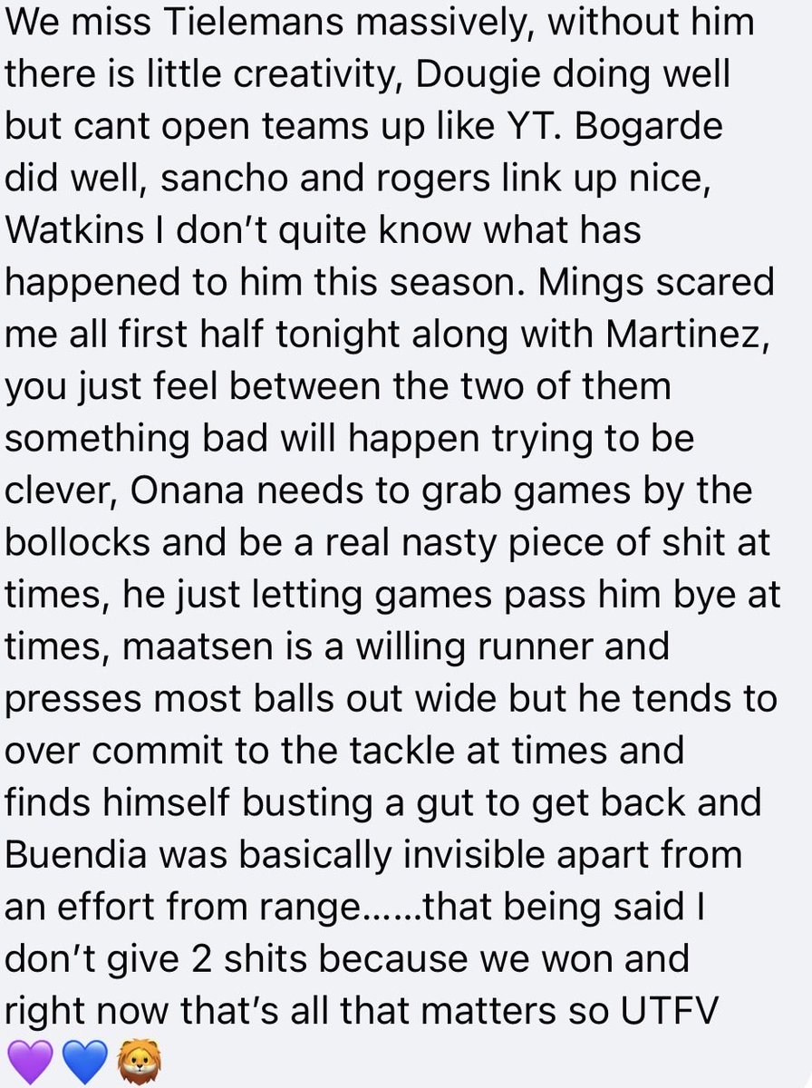 Avfcmason007's tweet photo. My take on tonight’s game in a nutshell #utv #AVFC 💜💙🦁 https://t.co/fiQn7OnU7F