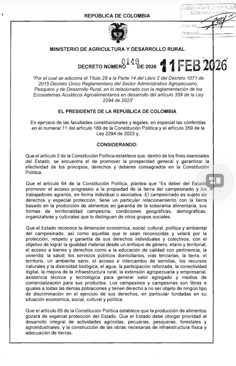 Decreto 149 del 11 de febrero de 2026 del <a href="/petrogustavo/">Gustavo Petro</a> , <a href="/IreneVelezT/">Irene Vélez-Torres</a> y <a href="/MinAgricultura/">Min. de Agricultura</a> . Reconocimiento de las territorialidades de quienes derivan su subsistencia de le pesca! Los territorios del agua que hoy, ante la crisis climática, son esenciales para recomponer el