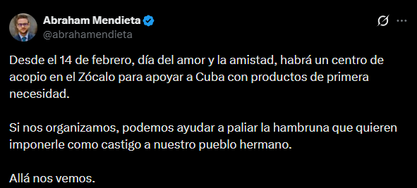 ¿Qué obsesión enfermiza tiene este advenedizo con la revolución cubana, de la que él no conoce ni sus crímenes ni sus desmanes? 

Resulta que ahora <a href="/abrahamendieta/">Abraham Mendieta</a> está convocando una recogida de artículos de primera necesidad en el 
Zócalo «para apoyar a Cuba».

Y me permito