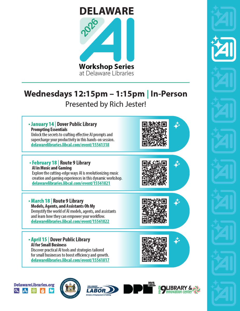 Get ready to learn more in the New Year! Gain practical AI knowledge and skills at the monthly, in-person workshop series held at Delaware Libraries. These informative sessions are presented by Rich Jester, Secretary of the Delaware AI Commission. Don't miss this opportunity ....