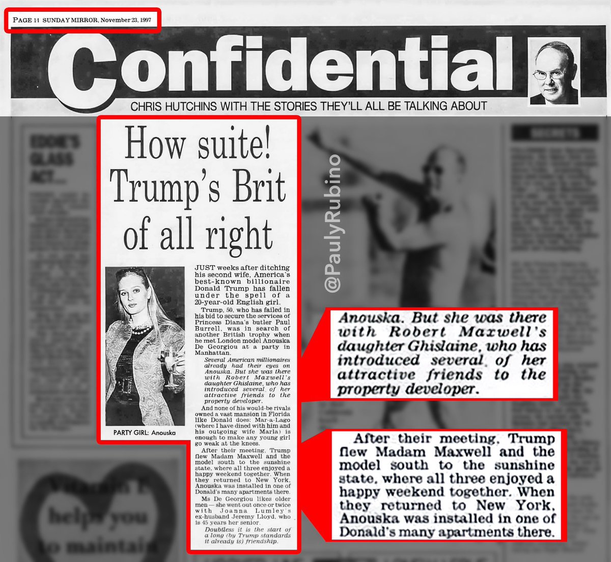 <a href="/realmaddox/">🏴‍☠️Maddox🏴‍☠️</a> Sunday Mirror newspaper from 1997. Ghislaine Maxwell “introducing” a young woman to Trump &amp; Trump flying the woman along with Maxwell from New York to Florida 
“Madam Maxwell” in an article: possibly a sly reference to her role?