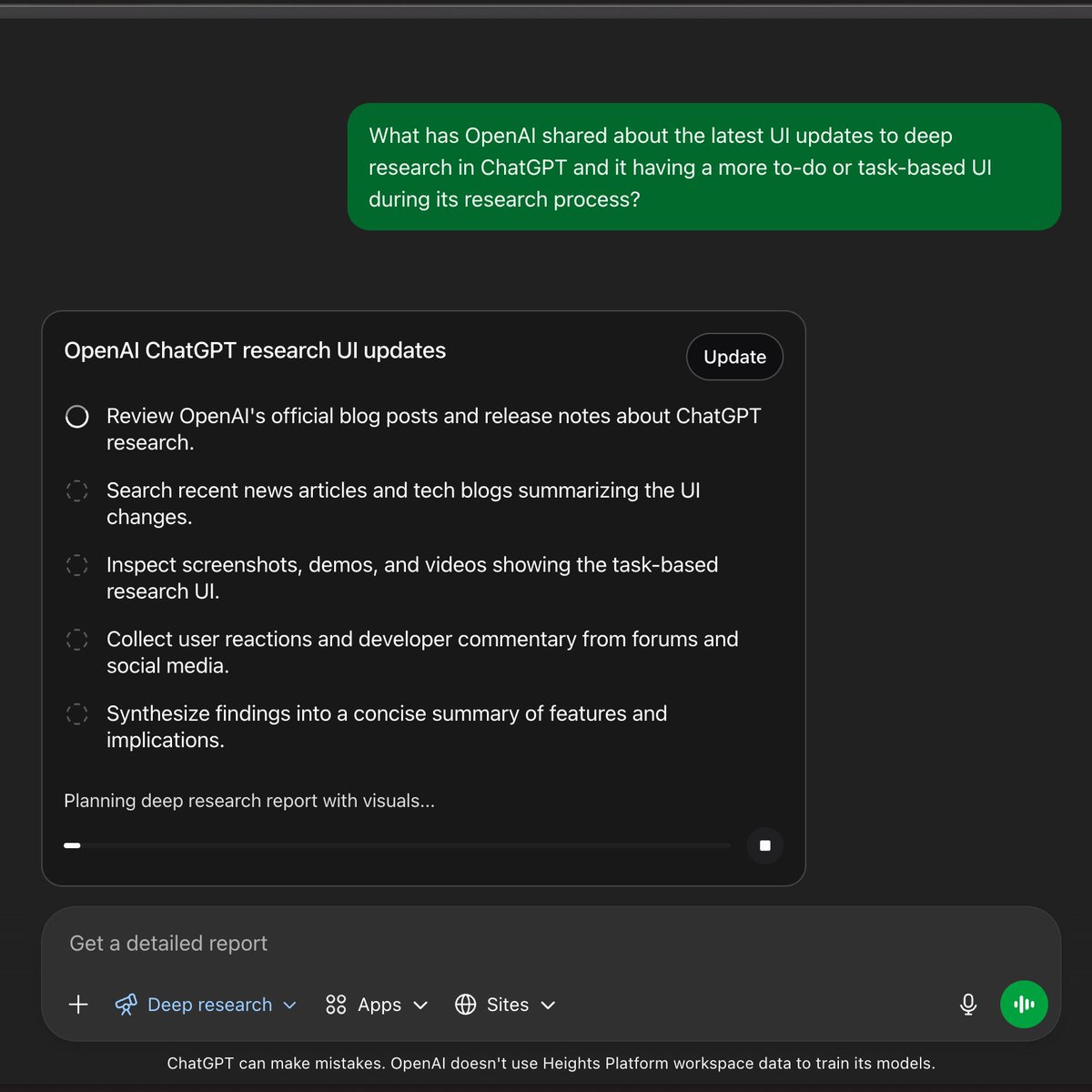 Deep research in ChatGPT now works off a todo list and shows this in a UI, similar to what coding agents have been doing for the past 10~ months. 

This likely isn't only about performance/UX, but also about allowing ChatGPT as an agent to perform more actions during each of