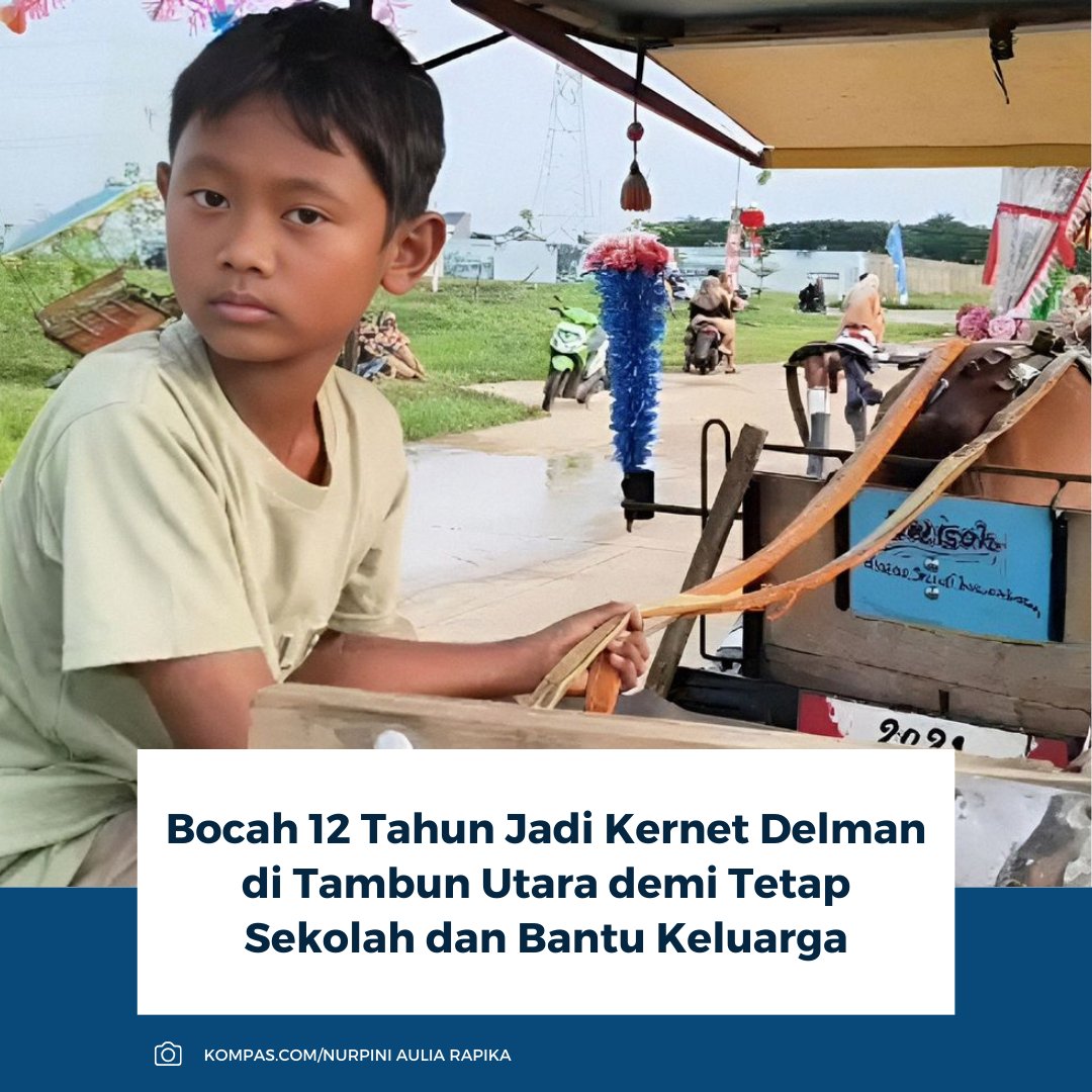 Habibi (12) di Tambun Utara jadi kernet delman demi tetap sekolah dan bantu keluarga. Ia sekolah siang, namun sering absen karena jaga adik saat orangtuanya kerja serabutan. Sejak enam bulan lalu, ia bekerja tiap akhir pekan selepas Ashar hingga petang.

Baca selengkapnya: