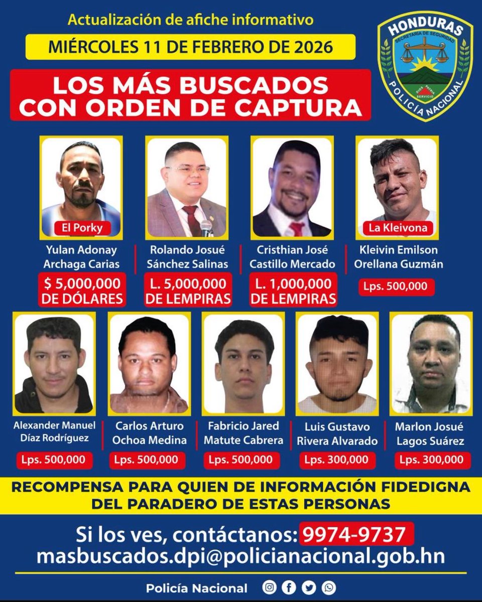 Ey ! Ya no aparece el exjefe de las Fuerzas Armadas de Honduras, Romeo Vásquez Velásquez , entre los más buscados ! Será que alguien ya cobró los 35 millones de lempiras por su detención ? O cómo es la cosa !?