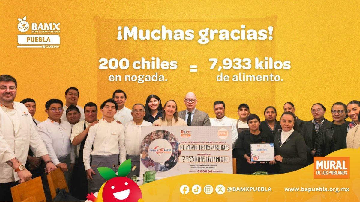 Gracias a <a href="/muralpoblanos/">Mural de los Poblanos</a> por hacer de una tradición, un acto de solidaridad.

En 2025, se lograron donar 200 chiles en nogada, transformado en 7,933 kilos de alimento para quienes más lo necesitan. Cuando la cocina se comparte, el impacto llega mucho más lejos. 🌶️🤍