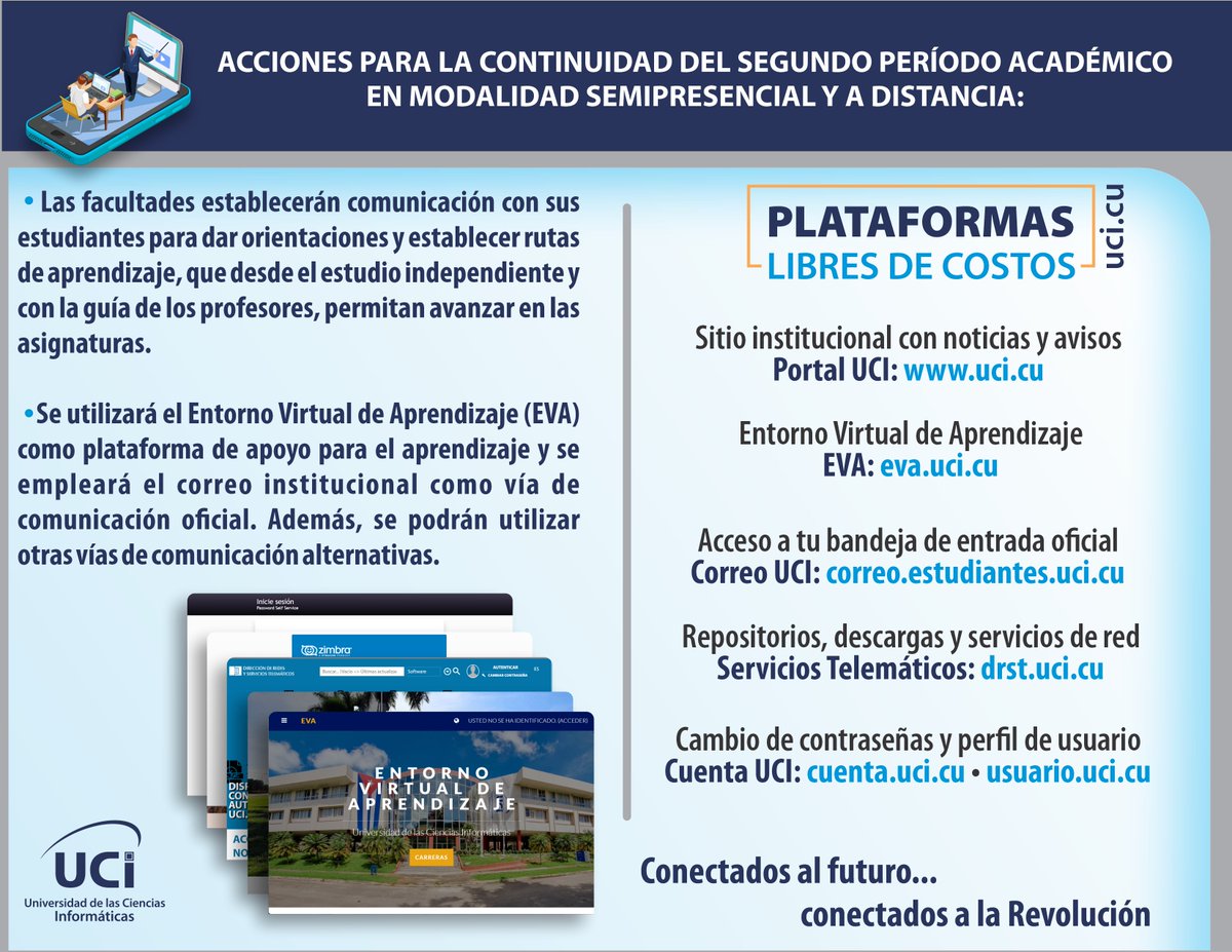 📚Acciones para la continuidad del Segundo Período Académico ante la actual situación energética.

👉 Compartimos enlaces del dominio «.uci.cu» libres de costo (navegación nacional), por lo que puedes acceder sin consumir tu paquete de datos.
#SomosUCI