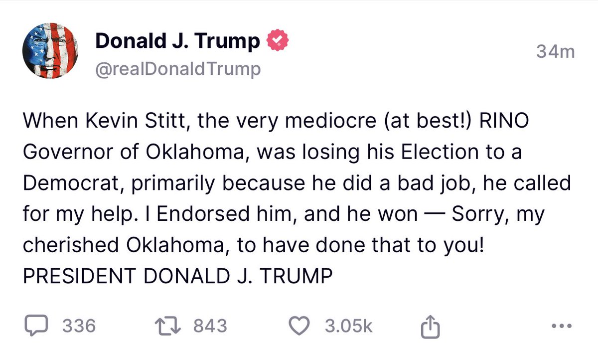 President Trump apologizes to his cherished Oklahoma for endorsing and helping Kevin Stitt win for Governor when Stitt called him and asked for it because he was losing.