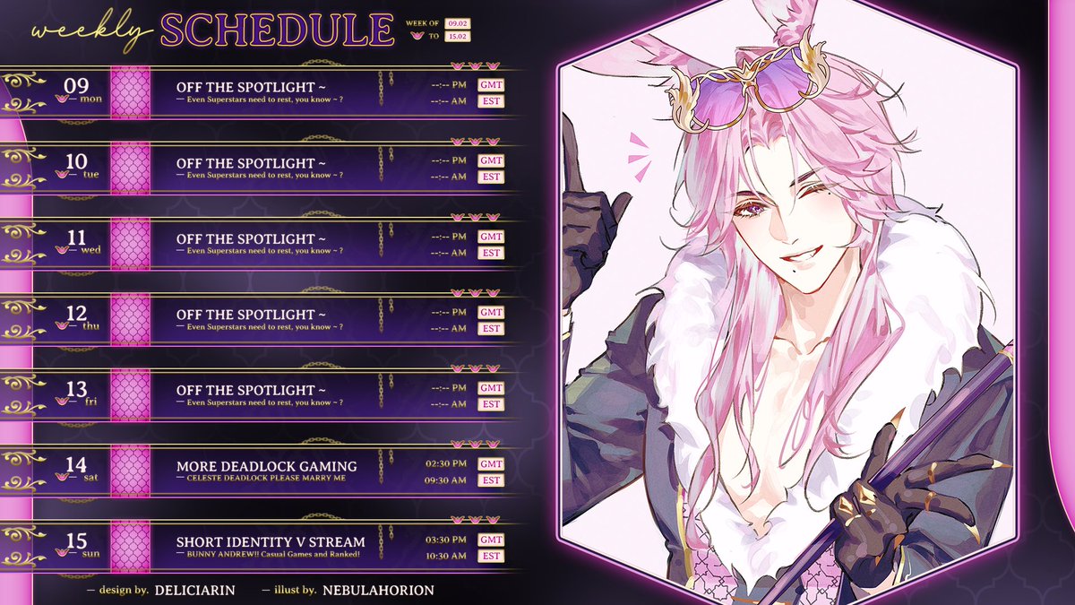 𝐓𝐇𝐈𝐒 𝐖𝐄𝐄𝐊'𝐒 𝐒𝐂𝐇𝐄𝐃𝐔𝐋𝐄 ~ !  

Hey everyone ~ ! 💝
Fair warning, due to a birthday lunch and a special event I'll be participating on Sunday, the stream will sadly be shorter than usual...   
Sorry!   
Either way, can't wait to see you all there ~ ! 🐰✨🎞️