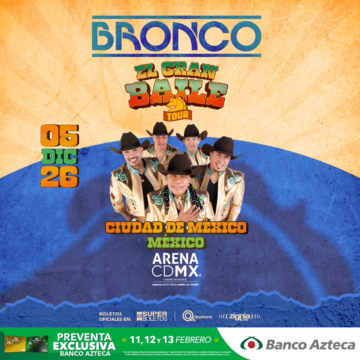 BancoAzteca's tweet photo. Porque hay amores que no se olvidan…​ y canciones que se cantan a todo pulmón 🤠🎶
¡Bronco el 5 de diciembre en la Arena CDMX!
🎟️ Compra tus boletos en la preventa exclusiva con tus Tarjetas de Crédito de Banco Azteca del 11 al 13 de febrero y vive una de las #ExperienciasBancoAzteca
Venta disponible aquí 👉🏽 https://t.co/ExGeUnRm3T