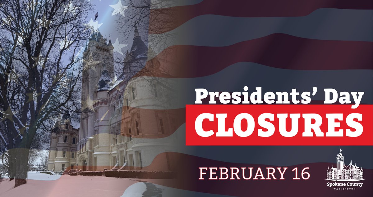 spokanecounty's tweet photo. Spokane County offices and courts will be closed on Monday, February 16th in observance of the annual Presidents’ Day federal holiday.  The closure will not affect the Regional Solid Waste Sytem’s two Transfer Stations, which will remain open for business.
https://t.co/o77gdHg4cY https://t.co/XcrQrOBWdn