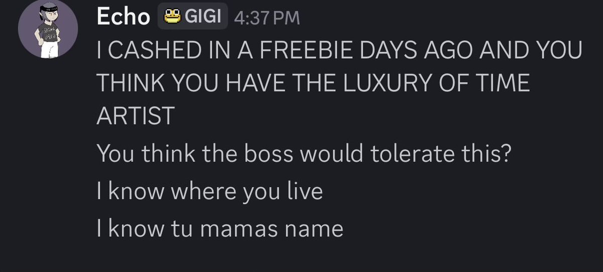 EchoHateAccount's tweet photo. Poor Tsunami sent me this. Echo threatening to dox him and his family over a drawing 
Pretty disgusting 
We need to cancel this man https://t.co/ebzGL2ZLFP