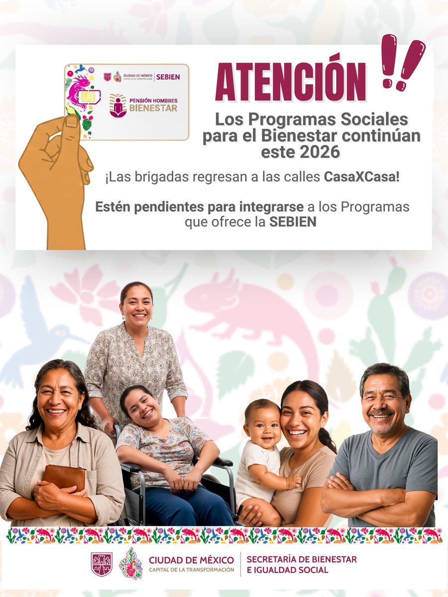 Los programas sociales de la #SEBIEN continúan este 2026. 💳

Mantente al pendiente de las brigadas que estarán tocando tu puerta para registrarte en nuestros programas.

#CapitalDeLaTransformación