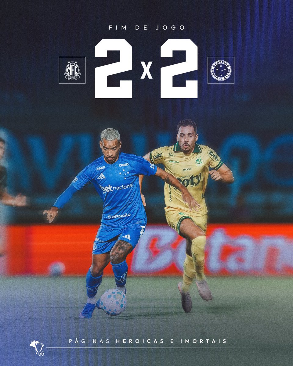 Cruzeiro's tweet image. 🕘 Fim de jogo com o empate em Mirassol. 

⚽ Wanderson e Kaio Jorge marcaram para o Cruzeiro.

🔷 #MFCxCRU | 2-2 | #PáginasHeroicas