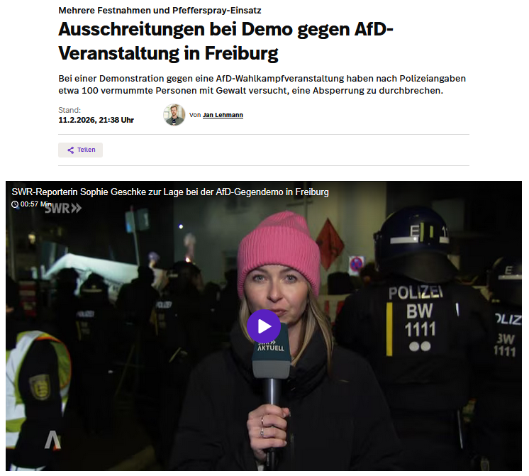 PeterBorbe's tweet image. Wie soll Demokratie noch funktionieren, wenn bei jeder Wahlkampfveranstaltung einer Partei linke Krawallos aufmarschieren und Randale machen? Jetzt wieder in #Freiburg: Bei einer AfD-Wahlkampfveranstaltung versuchten etwa 100 vermummte und mit Schlagwerkzeugen bewaffnete Personen