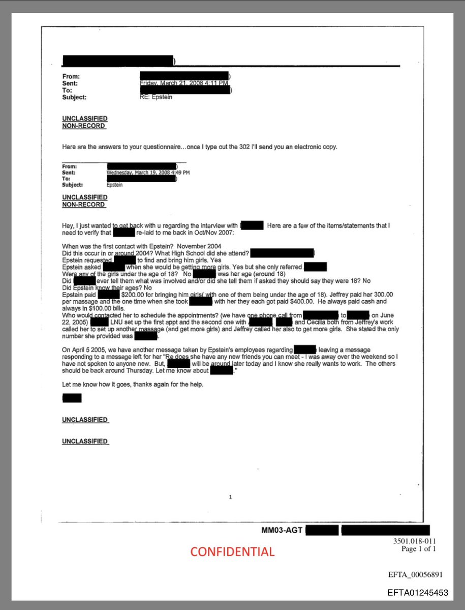 tommyborumjokes's tweet image. Kash Patel: “no one trafficked girls”
Epstein’s pay rates to Finders via the files: 
• $200.00 for bringing a girl under age 18
• $300.00 for a massage 
• $400.00 for each for both girls at the same time 💀