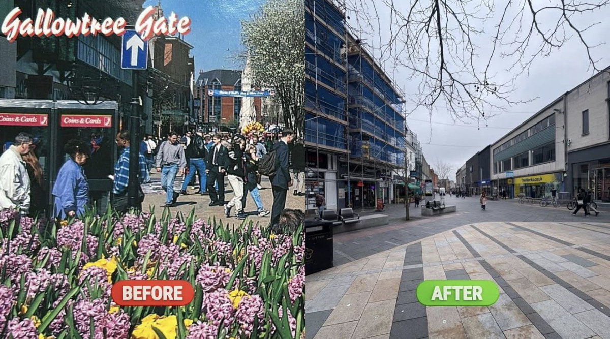My home town of Leicester: the city centre in the 90s vs today. Such a downgrade and entirely avoidable