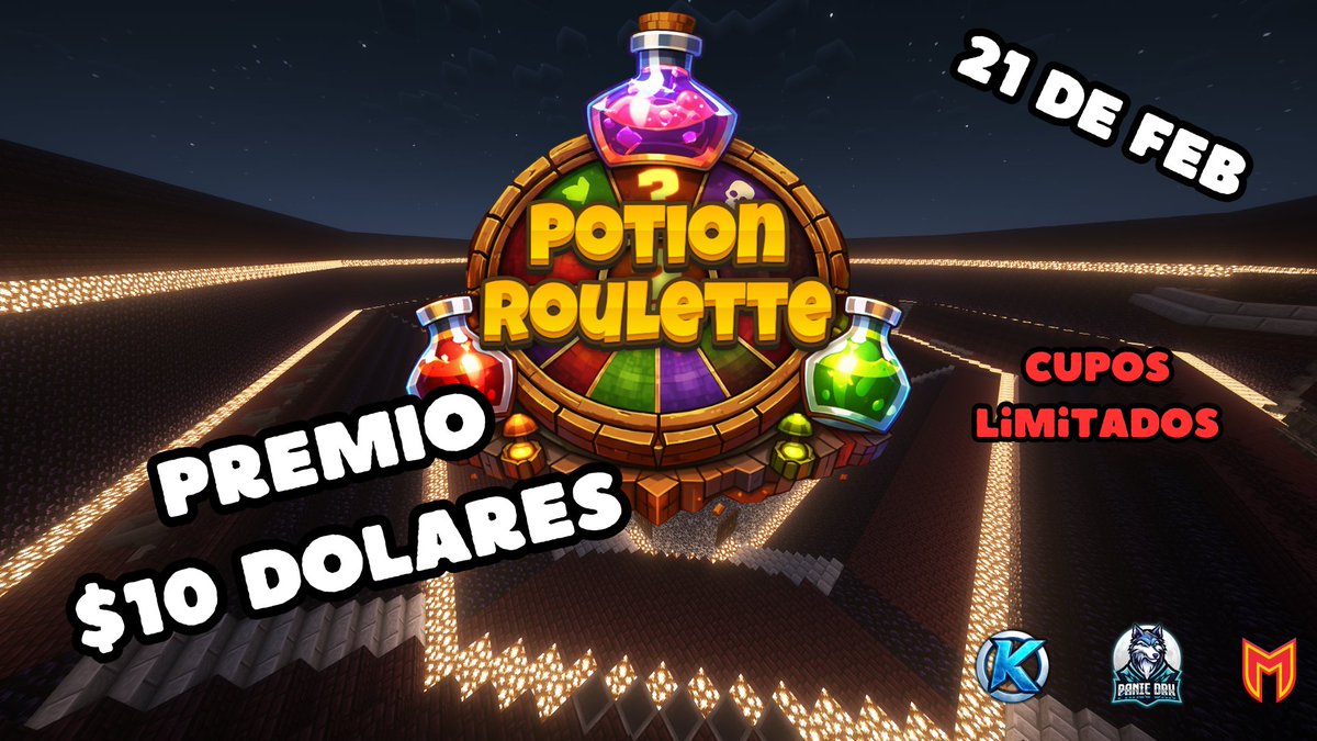 Evento porque me da la gana
Un juego que trata de sobrevivir con efectos de poción aleatorios buenos o malos. :DD 
Sigue las cuentas:
- twitch.tv/panic_drk
- twitch.tv/soy_kaz
Formulario: forms.gle/AMPCjSARJszTWc…
premio: <a href="/PanicMurkyDark/">Panic Murky Dark</a> 
Host: <a href="/MinemuNetwork/">MINEMU</a>