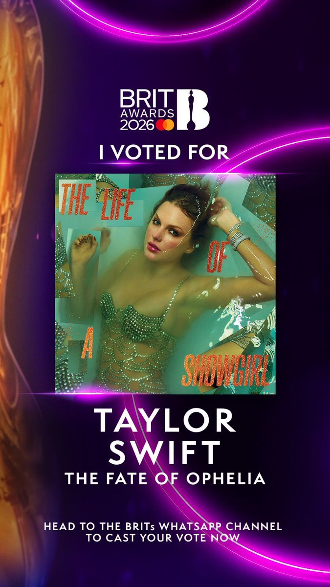 🚨| ÚLTIMOS DÍAS! Vota por "The Fate of Ophelia" como International Song of the Year en los #BRITs via WhatsApp: brits.lnk.to/vote

La votación termina el 13 de febrero!