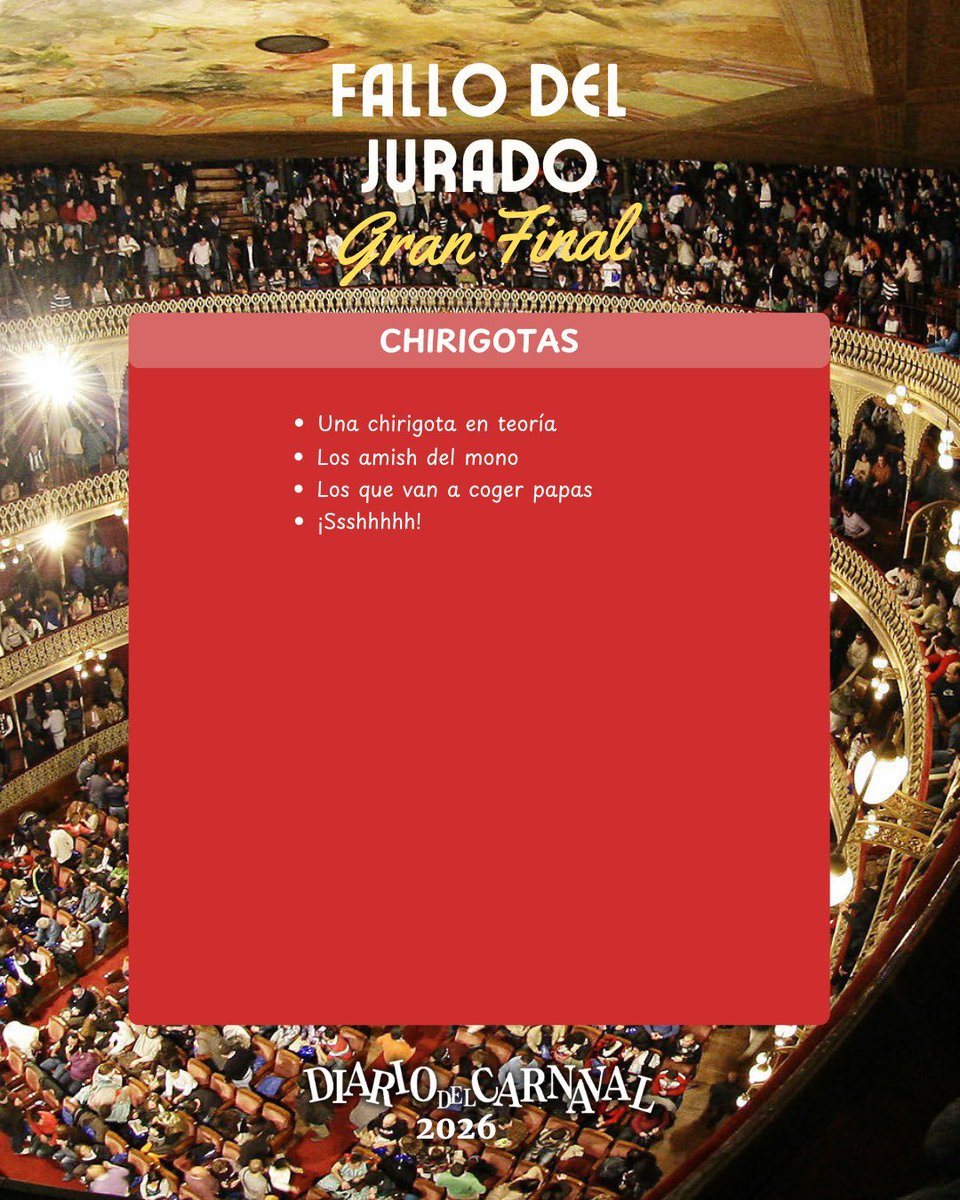 DCarnavalcadiz's tweet photo. 🔪 Tras el fallo del jurado, conocemos las agrupaciones que pasan a la Gran Final del #COAC2026 

#COAC2026S4 https://t.co/PbnOJgTAar
