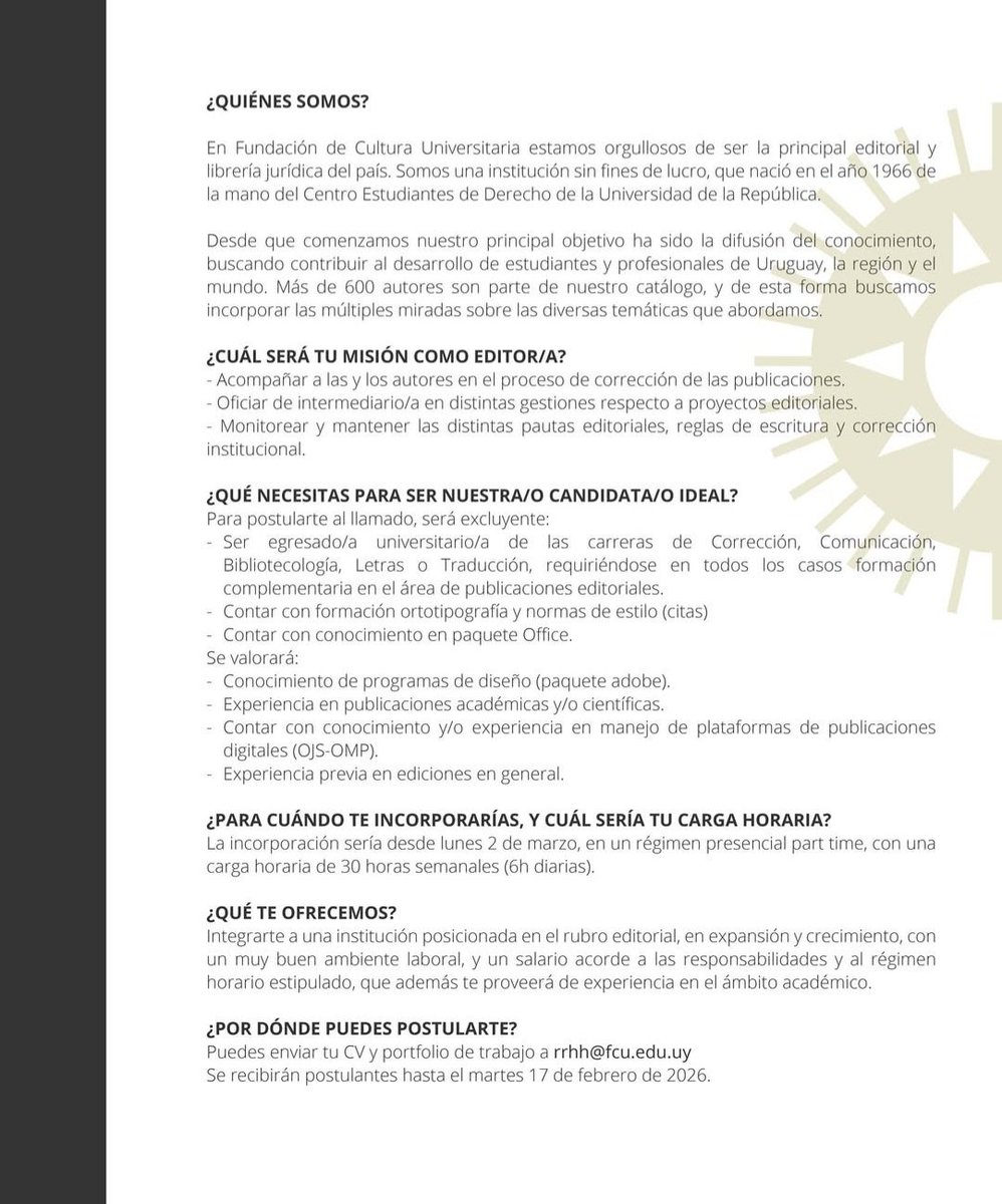 CustodioNat's tweet photo. #OfertaLaboral llamado a Editor/a en FCU https://t.co/a5YLHUoEg7