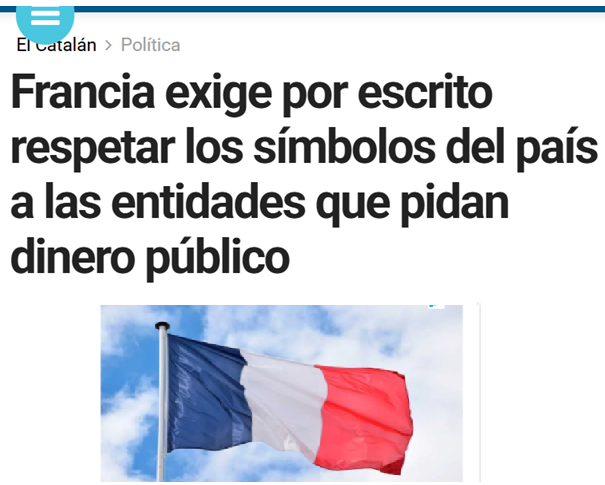 CCivicaCatalana's tweet image. Francia solo dará dinero público a las asociaciones que respeten los símbolos de Francia, el himno y la bandera.

Las asociaciones separatistas que pisotean los símbolos nacionales no recibirán un euro público.

Igualito que en España.
