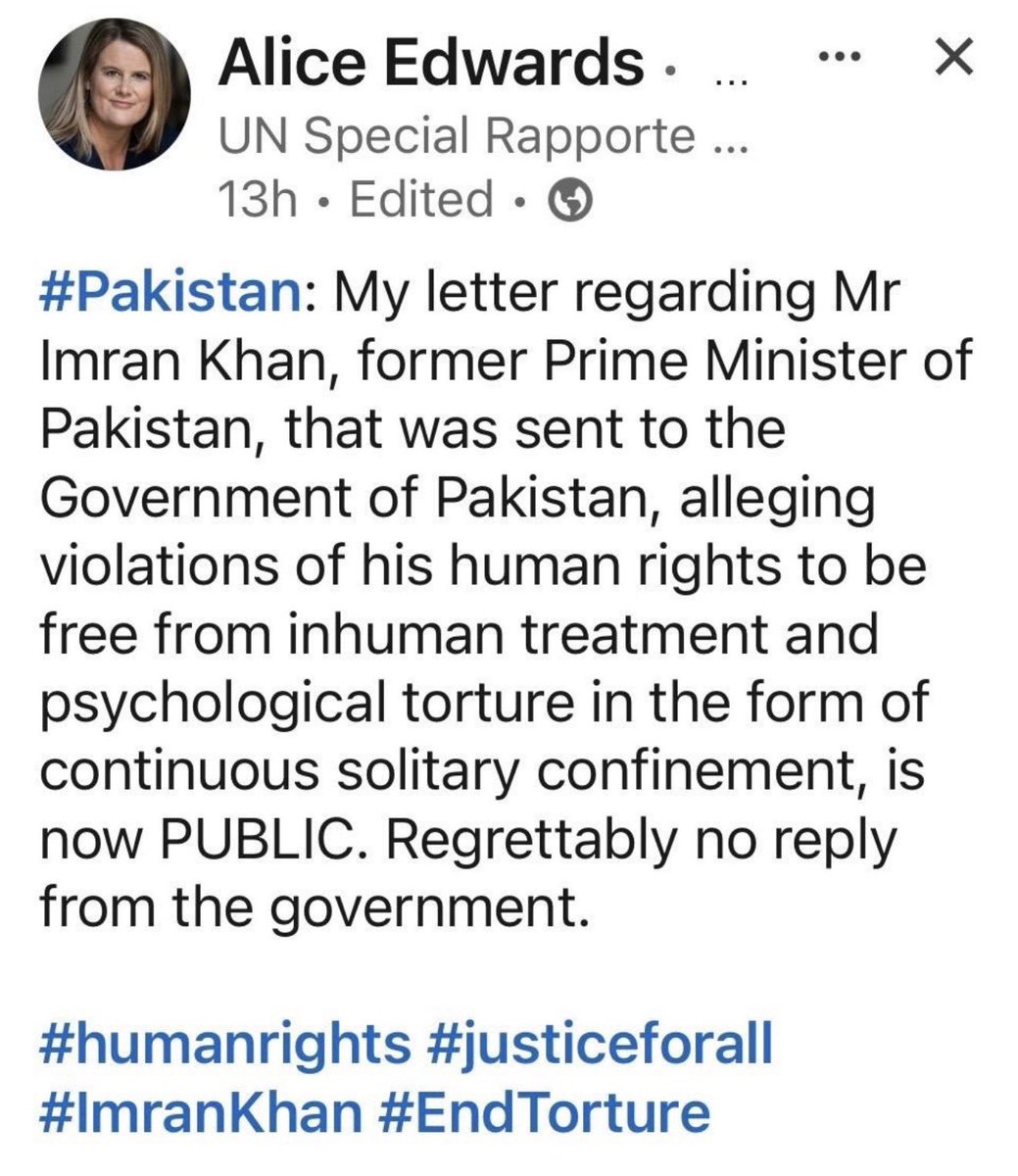 Thank you SO much <a href="/UN/">United Nations</a> Special Rapporteur on #Torture <a href="/DrAliceJEdwards/">Alice J Edwards UN Special Rapporteur Torture</a> for making public the letter you sent to #Pakistan on <a href="/ImranKhanPTI/">Imran Khan</a>’s case after our submission to you, letting the world know the regime didn’t even bother to reply, believing it can act with total #impunity.