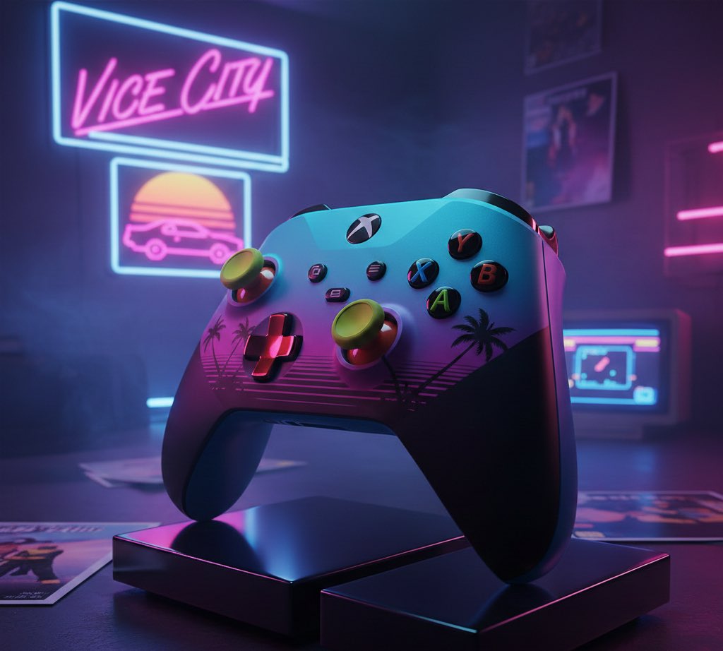 Check out this custom Vice City Edition Xbox controller designed by the legendary <a href="/moneycomment/">Money 🤑🤑🤑</a>! From the palm tree silhouettes to that neon gradient, this is more than a controller—it’s a mood.
