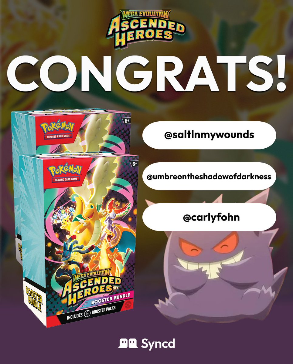 Thank you for participating in our first TCG giveaway! Congratulations to the winners <a href="/saltlnmywounds/">le désir</a> @umbreontheshadowof @carlyfohn ! 👏

Please DM us with your name and address to claim your Ascended Heroes booster bundle. Since the Ascended Heroes release was delayed to Feb