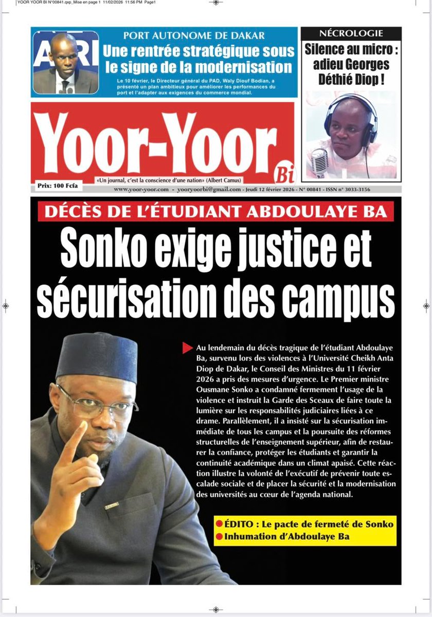 La Une de Yoor-Yoor Bi de ce jeudi 12 février 2026
À vos kiosques et bonne lecture!
#Bu_Baax_Bi  #Yoor_Yoor_Bi