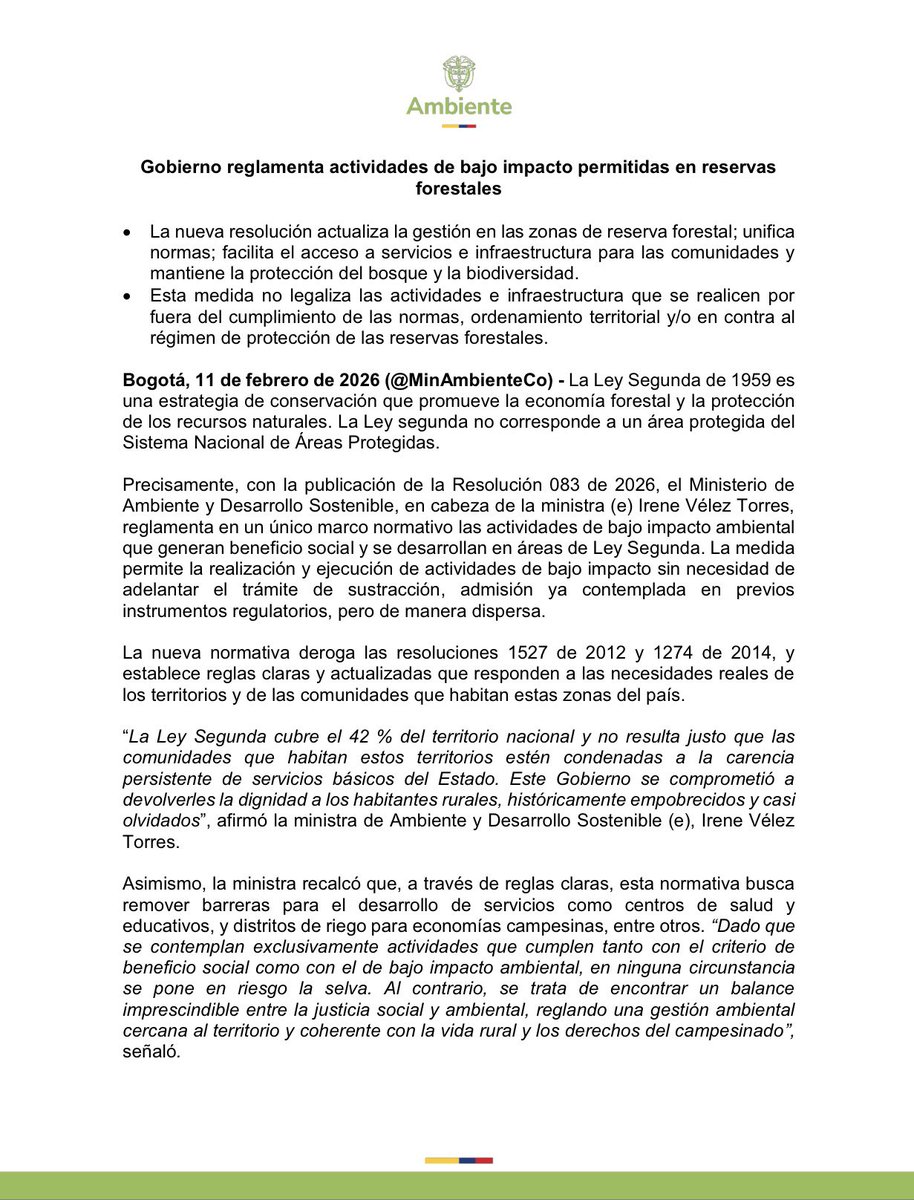 MinAmbienteCo's tweet photo. 🗞️ El #GobiernoDelCambio reglamenta actividades de bajo impacto permitidas en reservas forestales.

✅ La nueva resolución actualiza la gestión en las zonas de reserva forestal; unifica normas; facilita el acceso a servicios e infraestructura para las comunidades y mantiene la protección del bosque y la biodiversidad.

✅ Esta medida no legaliza las actividades e infraestructura que se realicen por fuera del cumplimiento de las normas, ordenamiento territorial y/o en contra al régimen de protección de las reservas forestales.

Conoce más aquí ⤵️