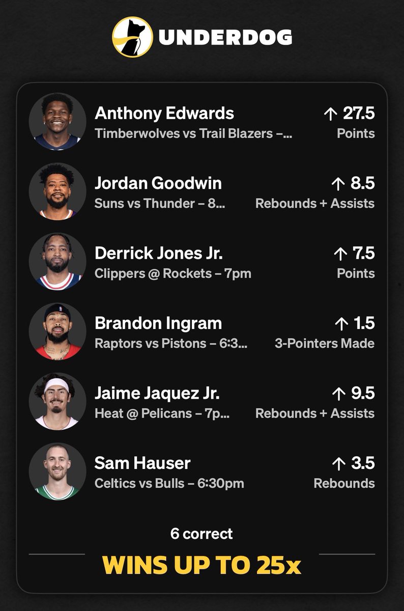 ProfitDfs's tweet photo. NBA 25x Underdog Slip 🏀 https://t.co/GUJA2TuSvn