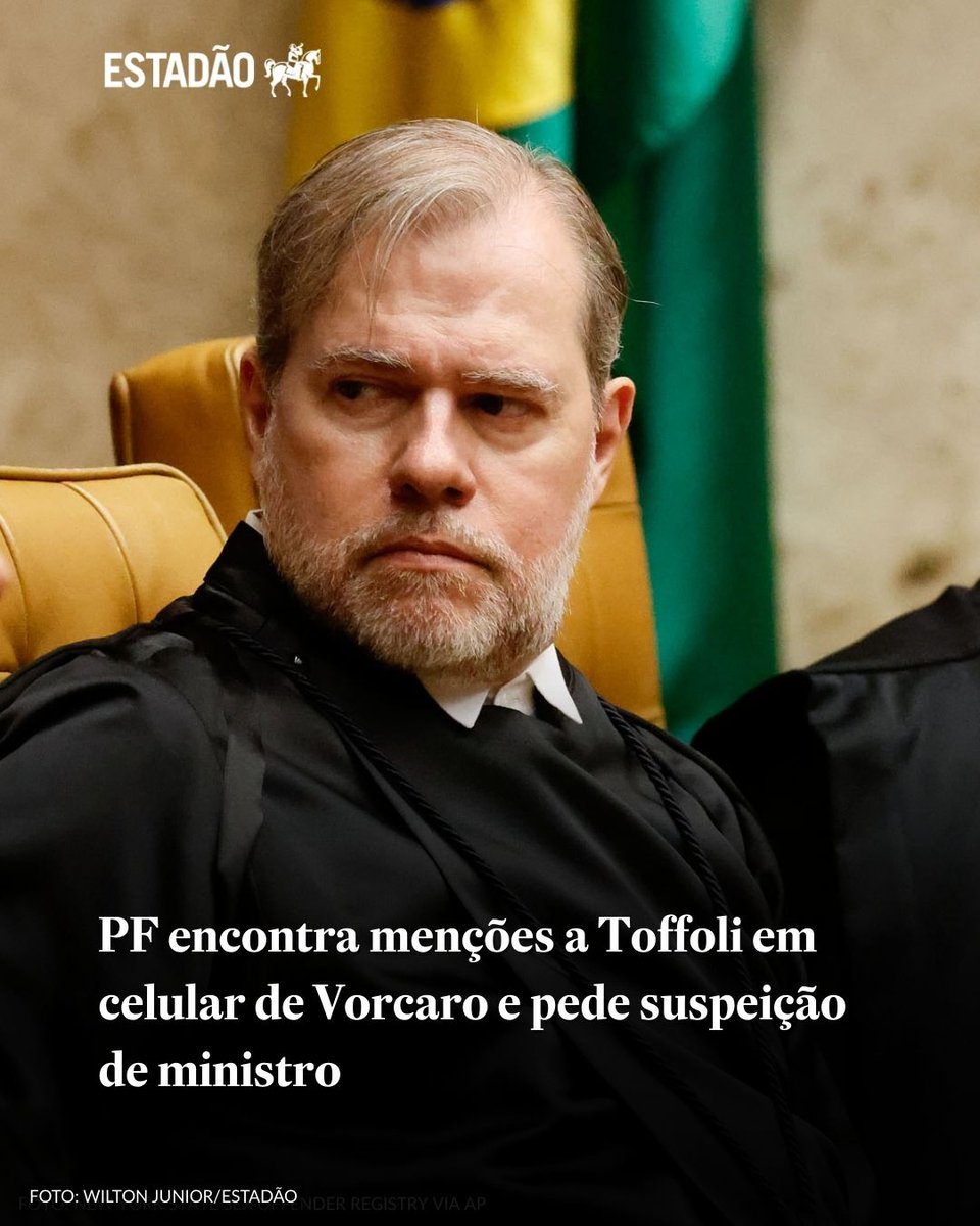 BANCO MASTER NO STF

PF encontra menções a Toffoli em celular de Vorcaro e pede suspeição de ministro > x.gd/iLEB4

Procurado, Toffoli diz que pedido parte de ilações e Vorcaro ainda não se manifestou