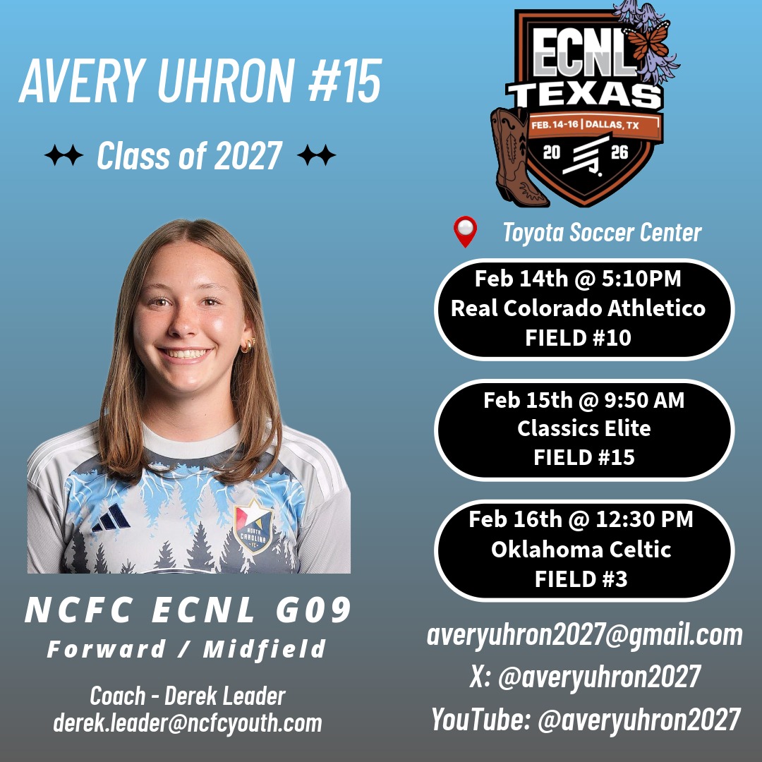 Excited to attend the #ECNLTX showcase this weekend!! Come watch me and my teammates play.

<a href="/ECNLgirls/">ECNL Girls</a>
<a href="/NCFC_ECNLGirls/">NCFC ECNL Girls</a>
<a href="/TopDrawerSoccer/">TopDrawerSoccer</a>
<a href="/TheSoccerWire/">SoccerWire</a>
<a href="/ImCollegeSoccer/">College Soccer Truth ™</a>
<a href="/PrepSoccer/">Prep Soccer ⚽️</a>
<a href="/UncommittedGrls/">UNCOMMITTED GIRLS for 🇺🇸 #CollegeSoccer</a>
<a href="/NcsaSoccer/">NCSA Soccer</a>
<a href="/ImYouthSoccer/">ECNL/GA/Recruiting/College Soccer</a>