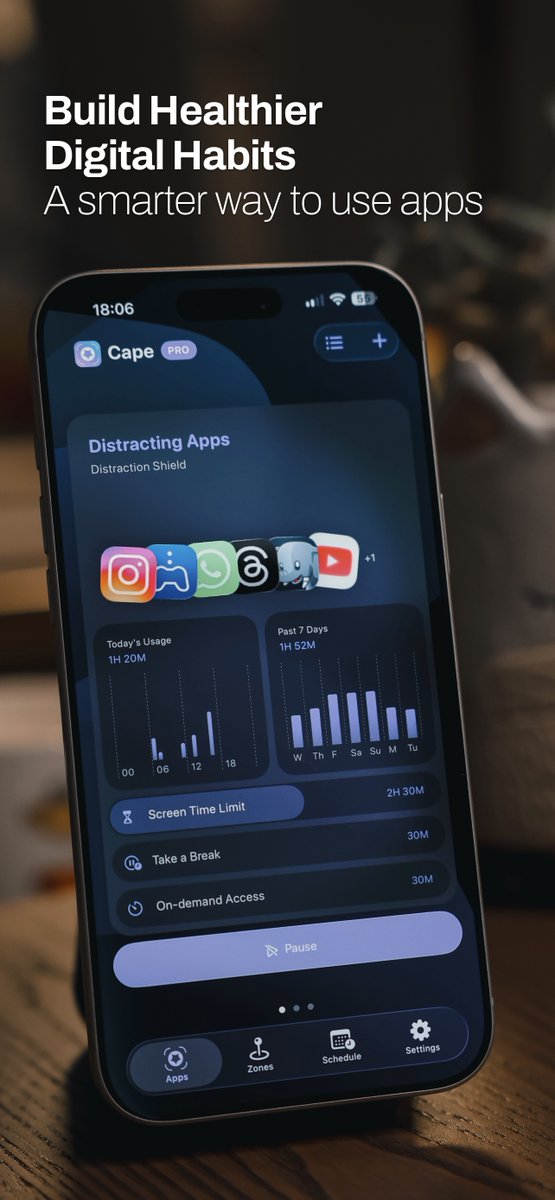 cape_app's tweet photo. Cape 4.0 is now available on the App Store.  A major upgrade to help you pause excess screen time, reduce impulsive app use, and build healthier digital habits.

- Pause more than apps: You can now pause entire app categories and web domains, not just individual apps.

- Better pause control: On-demand Access and Delayed Resume options help you stay focused and reduce impulsive app access.

- Customizable Pause Screen: Add a personal message and a countdown to a goal or deadline, shown when you open a paused app to help you stay focused.

- Notifications: Get daily limit warnings, break reminders, zone and schedule alerts, and screen time progress.

- Usage Report: Review detailed app usage, with a timeline of pause and resume actions.

- Appearance preferences: Customize Cape with your preferred color palette and light or dark mode.

- Refreshed design: A redesigned interface throughout, with support for Liquid Glass.

- Bugfixes and performance improvements.