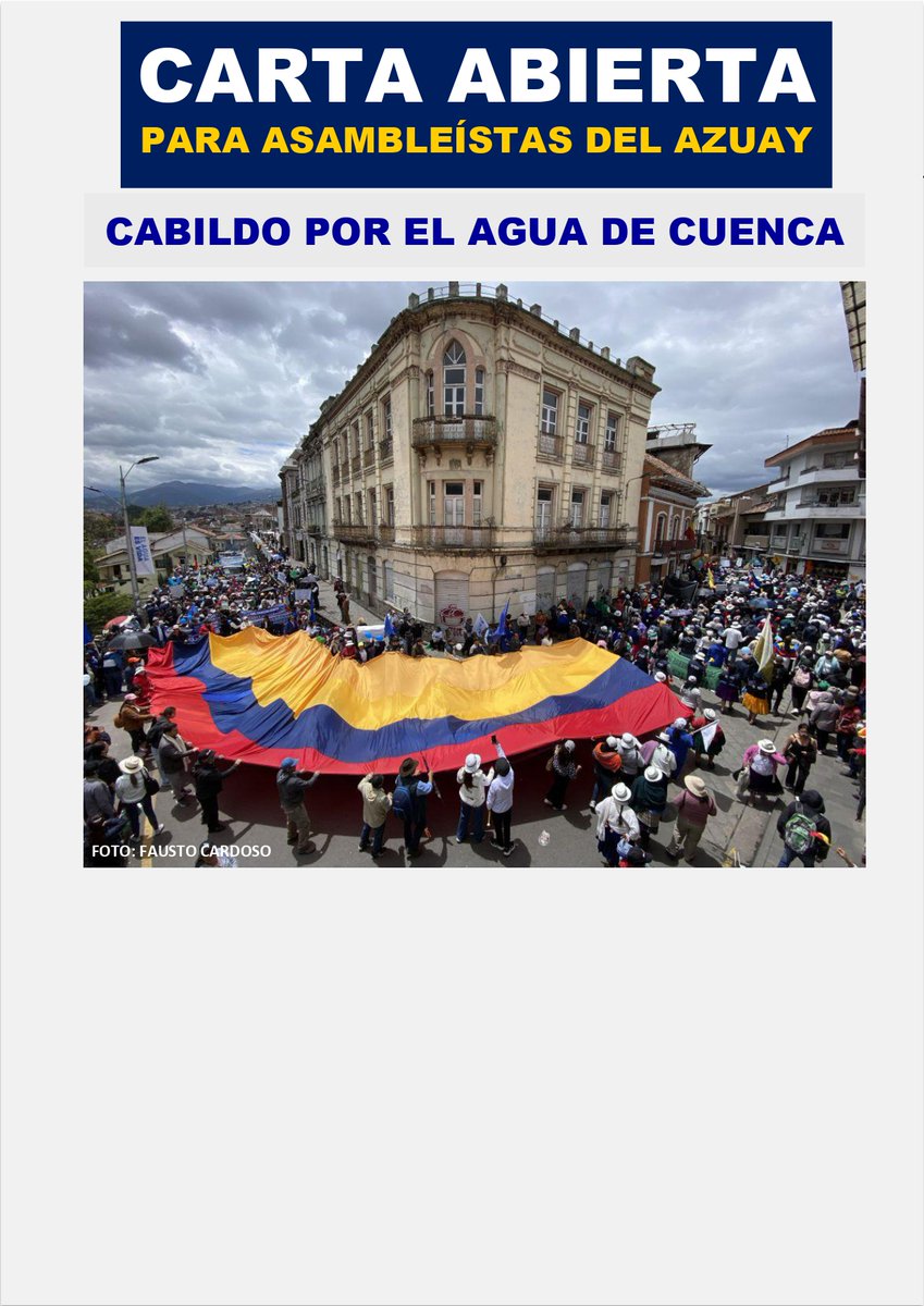 💧 El Cabildo por el Agua de Cuenca dirigió una carta abierta a los asambleístas del Azuay, en la que advierte que el proyecto de Ley Orgánica para el Fortalecimiento de los Sectores Estratégicos de Minería y Energía busca reducir controles del Estado.

#VocesAzuayas