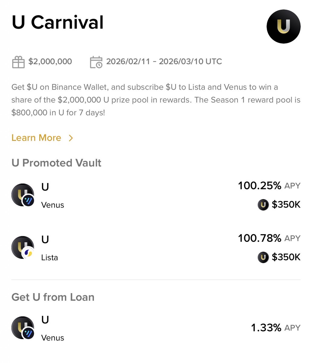 U Carnival Season 1 is officially live on <a href="/BinanceWallet/">Binance Wallet</a>. ✨

Earn Bonus APR from U Promoted Vaults and share 800,000 $U rewards for 7 days through <a href="/lista_dao/">Lista DAO</a> and <a href="/VenusProtocol/">Venus Protocol</a>. 

Stake $U now 👇
binance.com/en/events/w3e-…