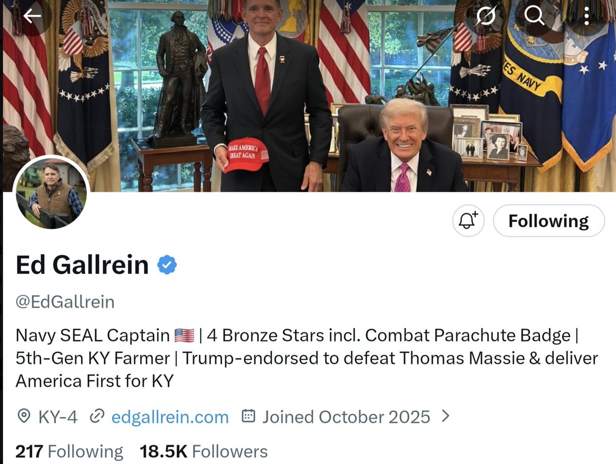 joyreaper's tweet image. Vote Ed Gallrein for Kentucky! Endorsed by Trump and not consumed with Trump derangement syndrome. Trump is great on the economy, fantastic on foreign policy and absolutely wonderful for law enforcement. Massie is consumed by Trump Derangement Syndrome, endorsed and funded by…