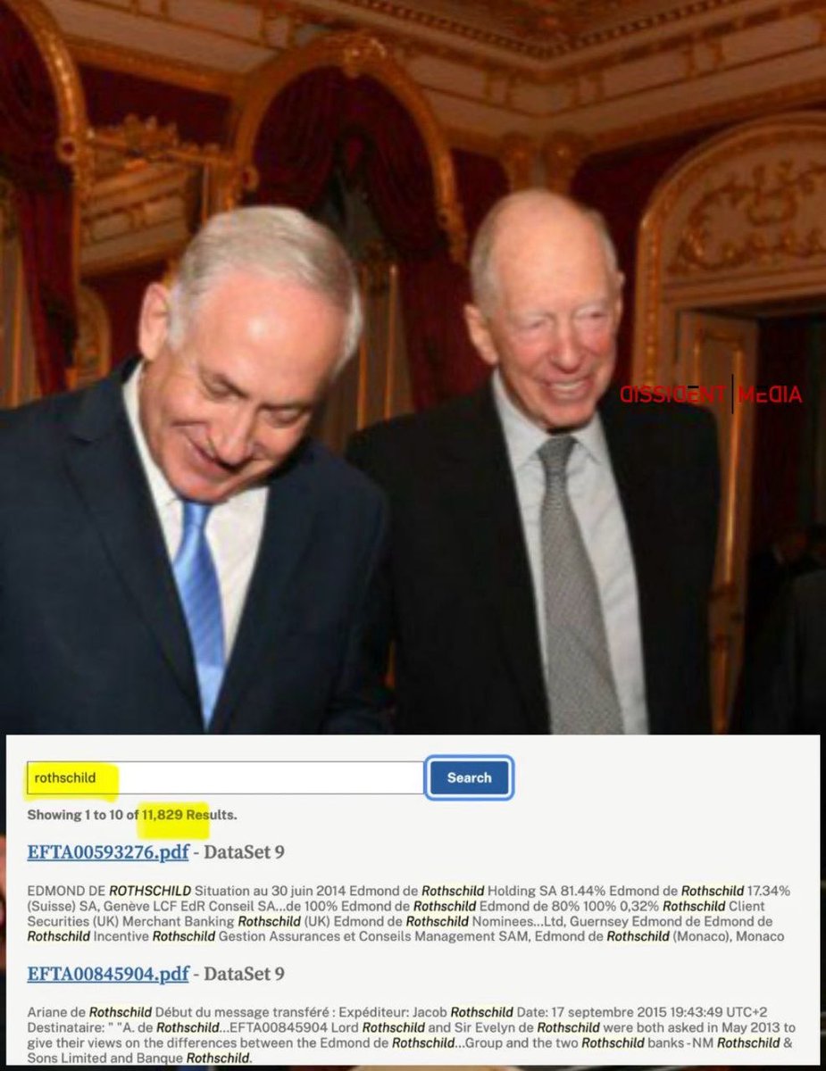✡ Los banqueros judíos Rothschild aparecen en los archivos del violador de niños y pedófilo judío Epstein más de 11.000 veces.

➡️ Jeffrey Epstein: "Represento a los Rothschild".