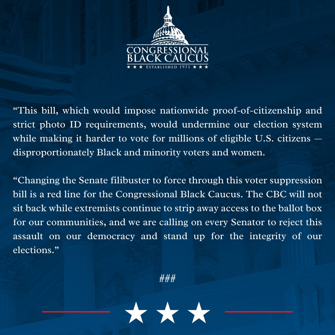 TheBlackCaucus's tweet image. The SAVE Act is not an election security bill — it is a voter suppression bill, full stop. 

Our statement: